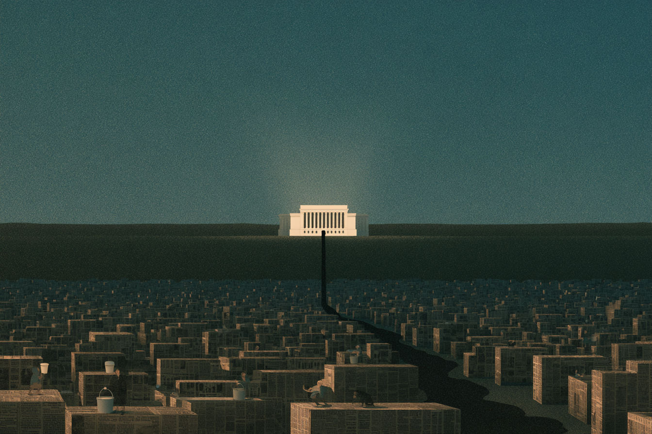 A lit institution on the horizon casting a dark stream down into an endless field of newspaper buildings