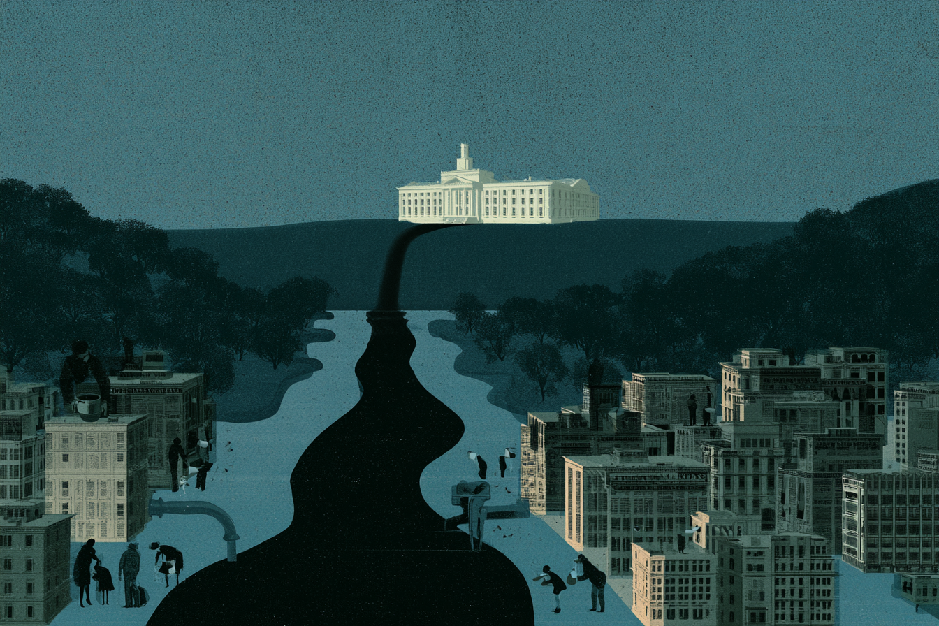 A pristine institution on a hill draining a dark stream down into a city where people wait in line