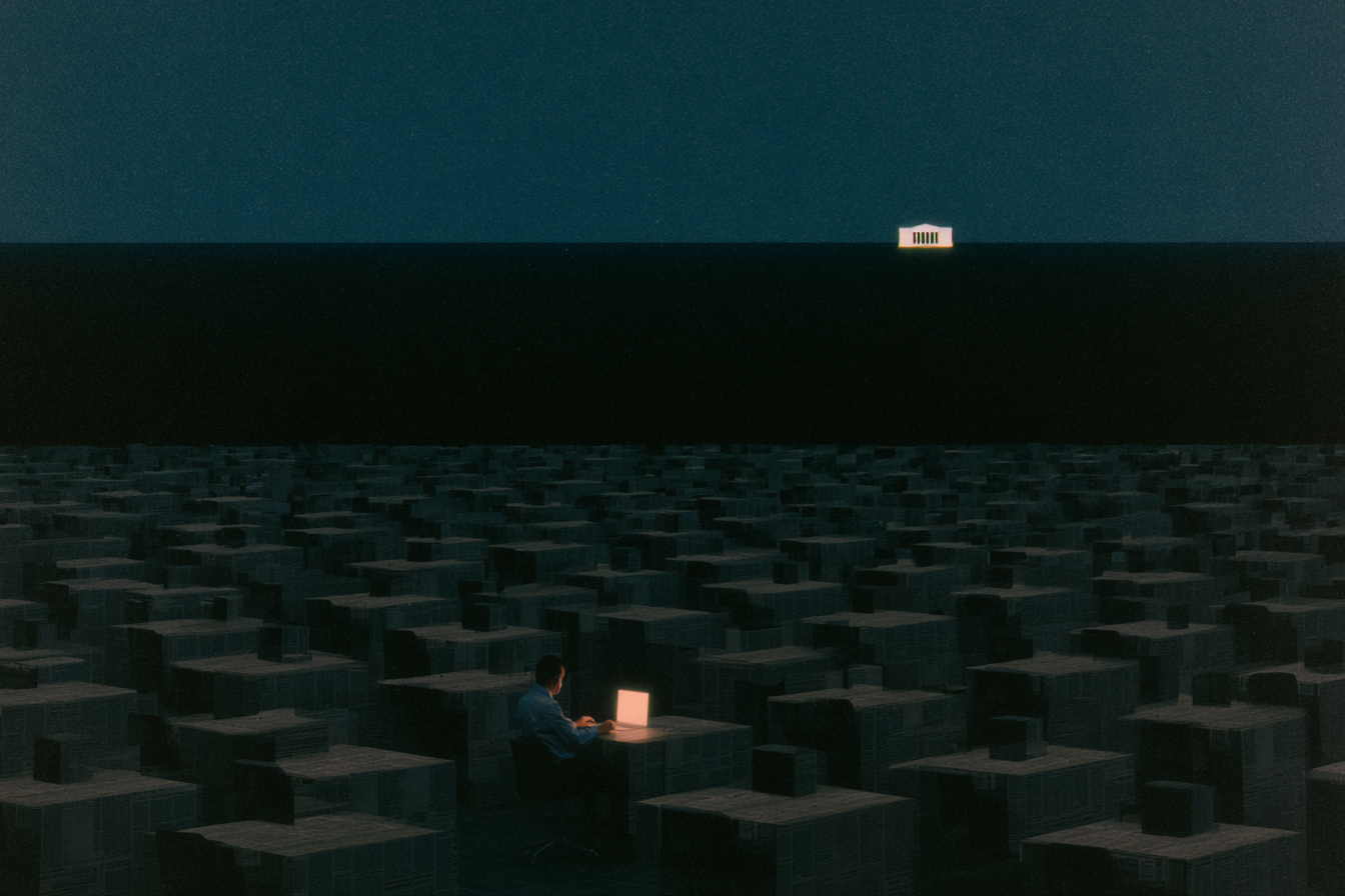 A man alone at a laptop in an endless dark grid of desks, a small lit institution on the distant horizon
