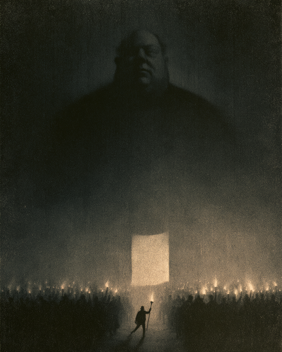 A vast shadowed figure looming over a torch-lit crowd streaming toward a single glowing doorway