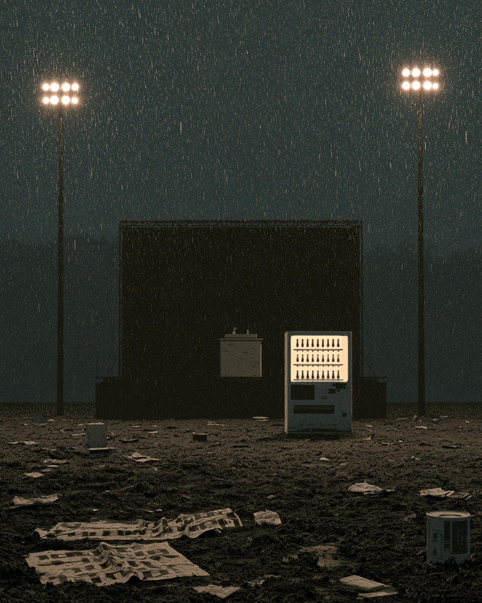 An empty rain-soaked field under floodlights, a dark vacant stage, and a single lit vending machine among scattered newspapers