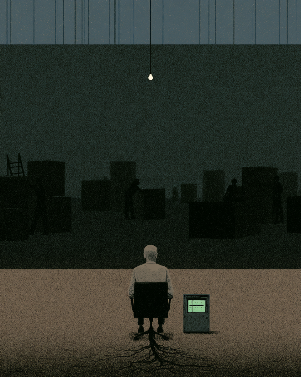 A white-haired man sits rooted to his chair before a small monitor in a vast dark warehouse where others move boxes
