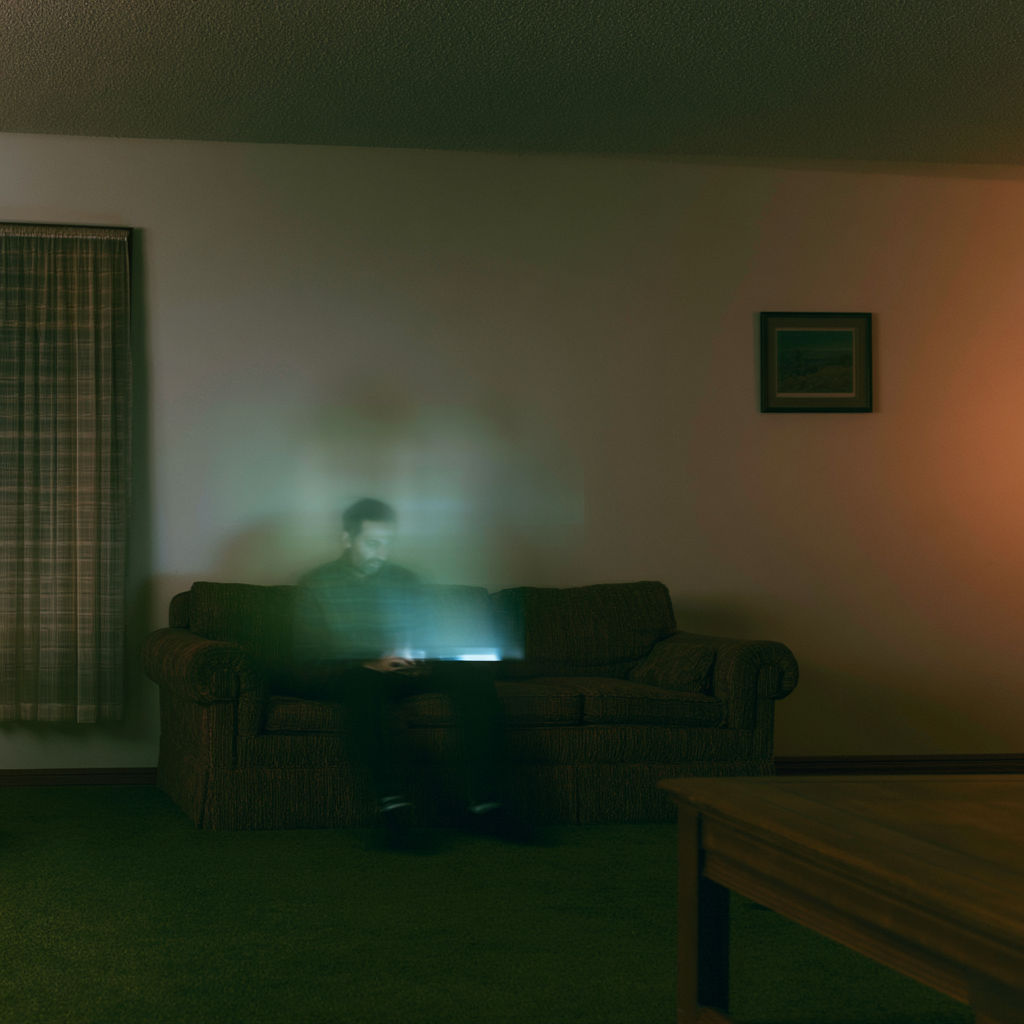A man alone on a couch in a dim living room, his face washed out by the glow of a laptop screen