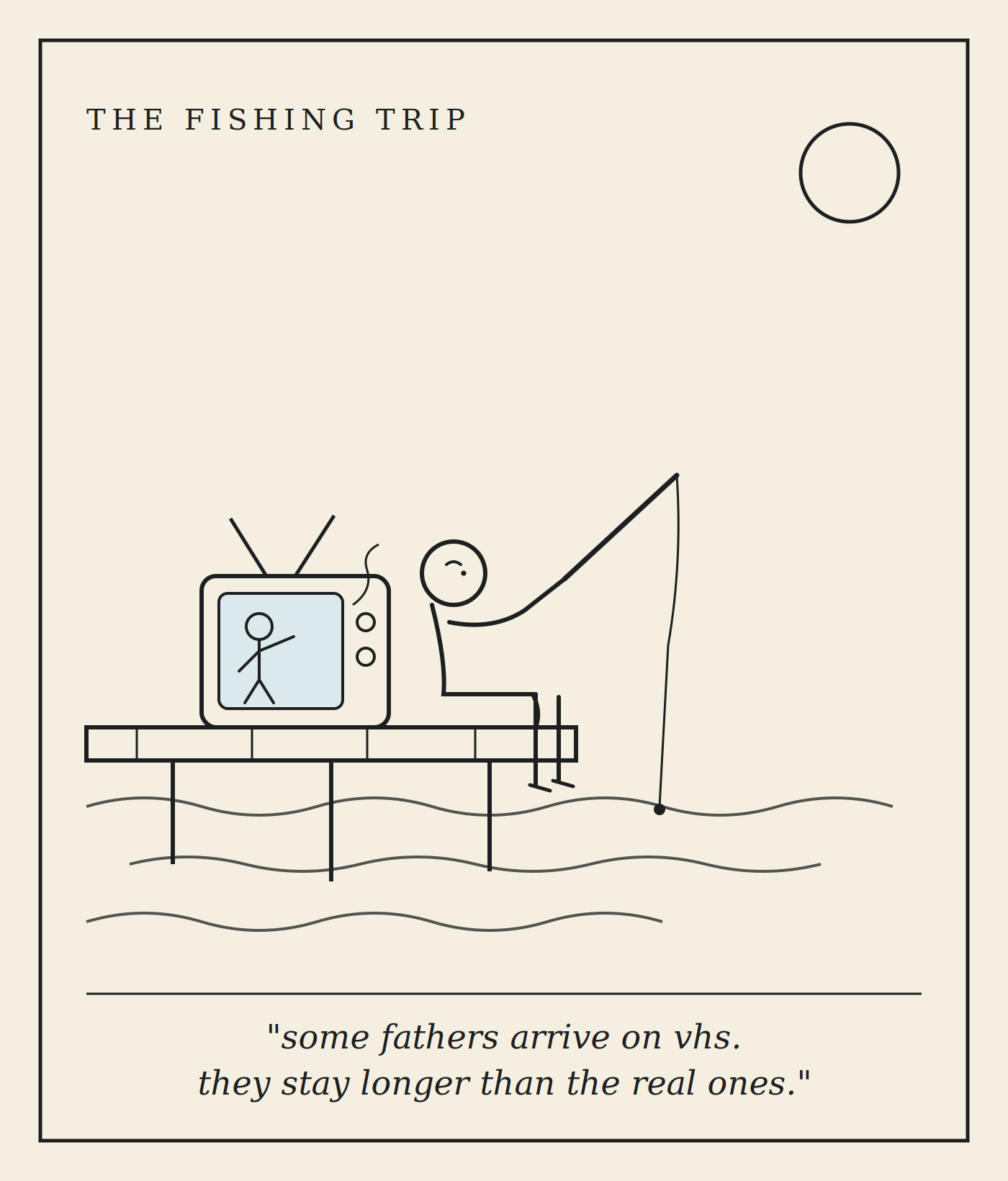 Cartoon: a boy fishing off a pier beside a television set
