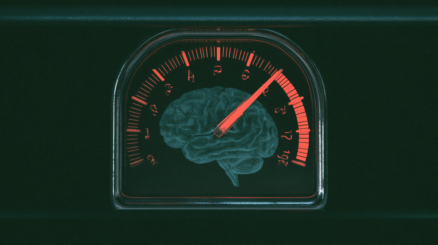 A tachometer redlining, its gauge face a human brain