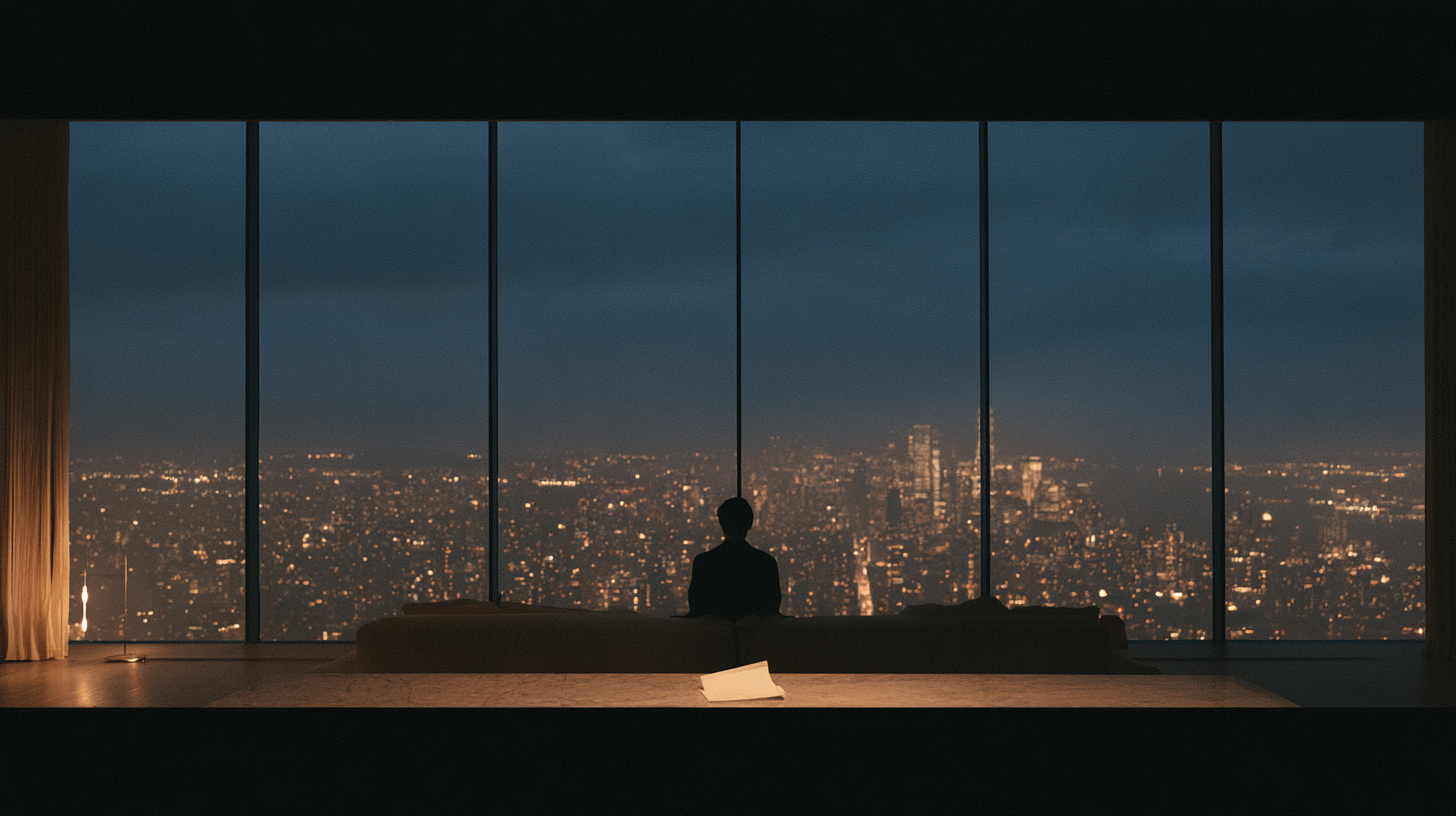 A figure alone in a dark high-rise apartment, looking out over a lit city at night