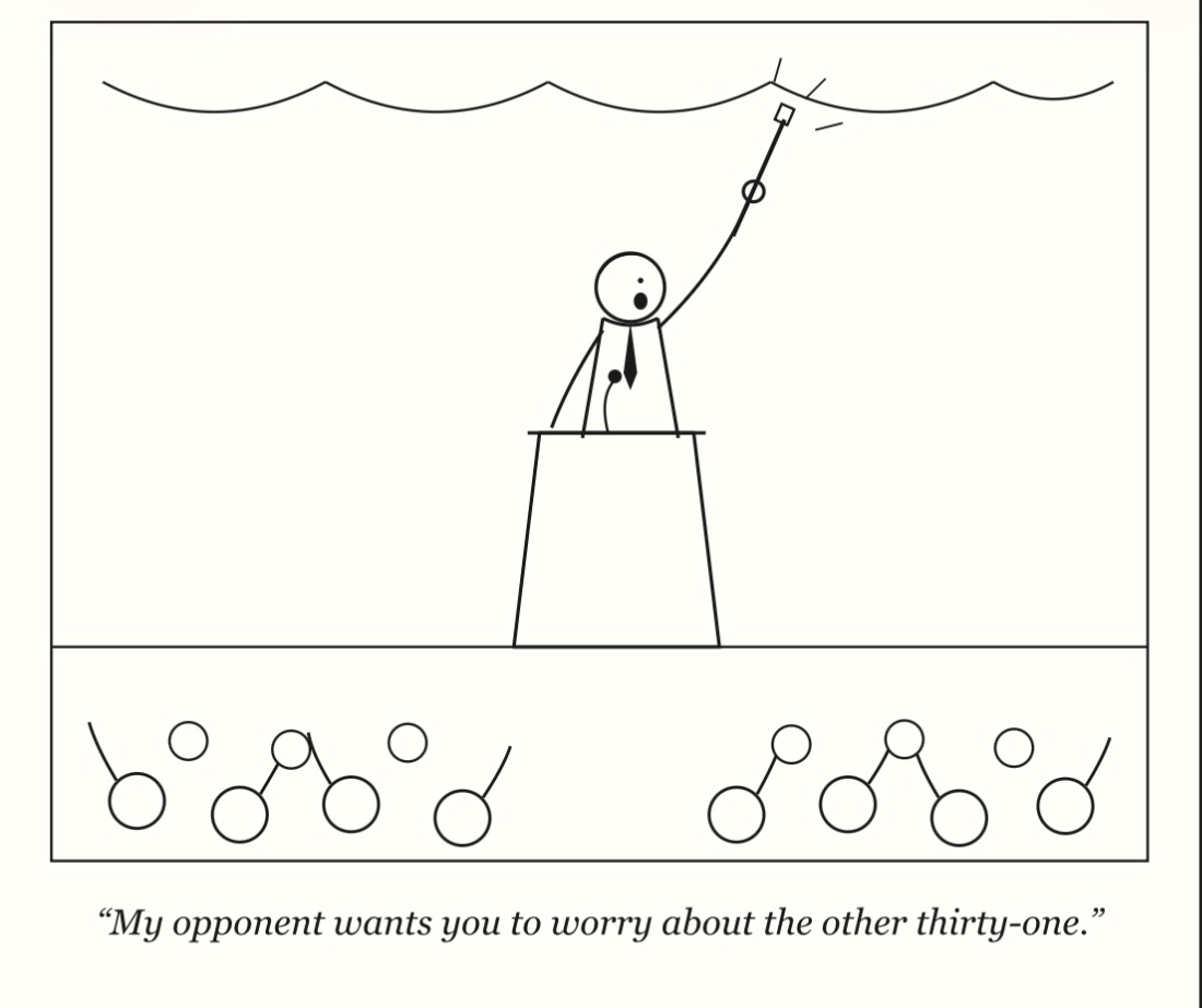 Cartoon: a candidate at a podium points to a single spoke above the crowd