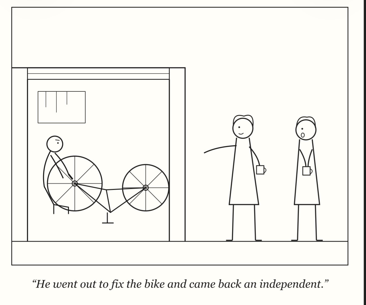 Cartoon: two figures with coffee watch a man work on a bike in the garage